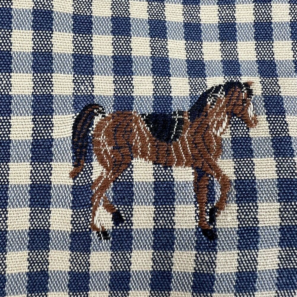Vintage Polyester Knit Fabric Horses Blue And White Checked 55" Width 60" Height